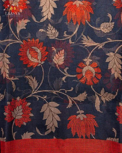 Pure Kota Doria Cotton Saree in Blue and Red Floral Jaal Pattern