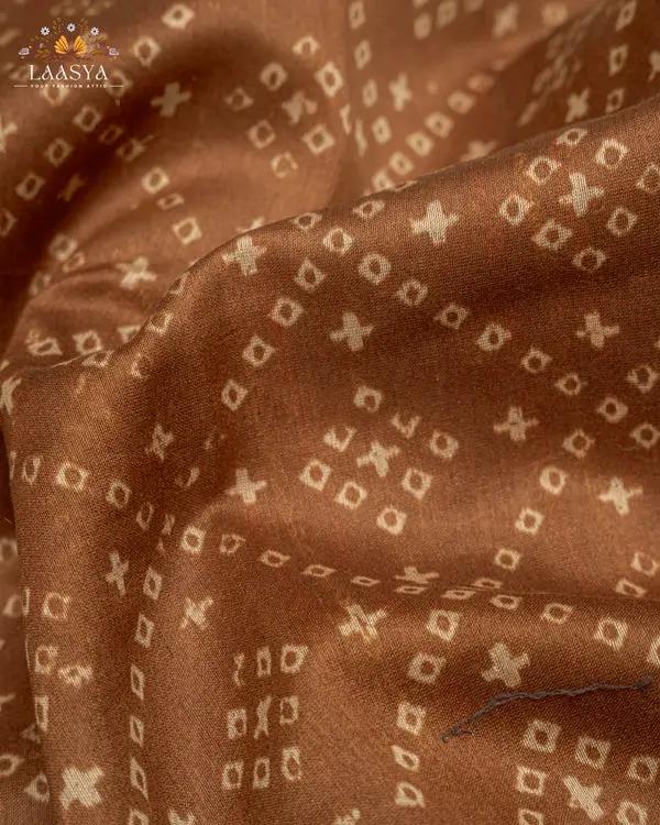 Pure Chanderi Silk Cotton Saree with Bandini Print and Kantha Stitch Border in golden brown shade