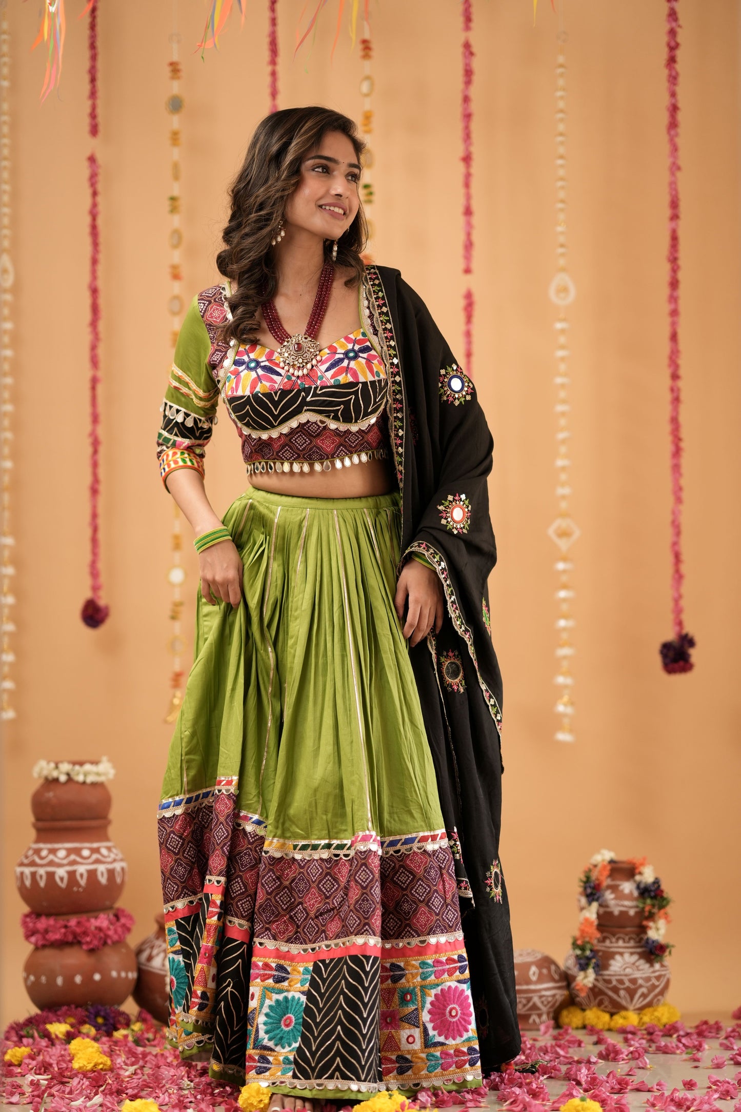 Green Navratri Lehenga with Multicolor Patchwork Border