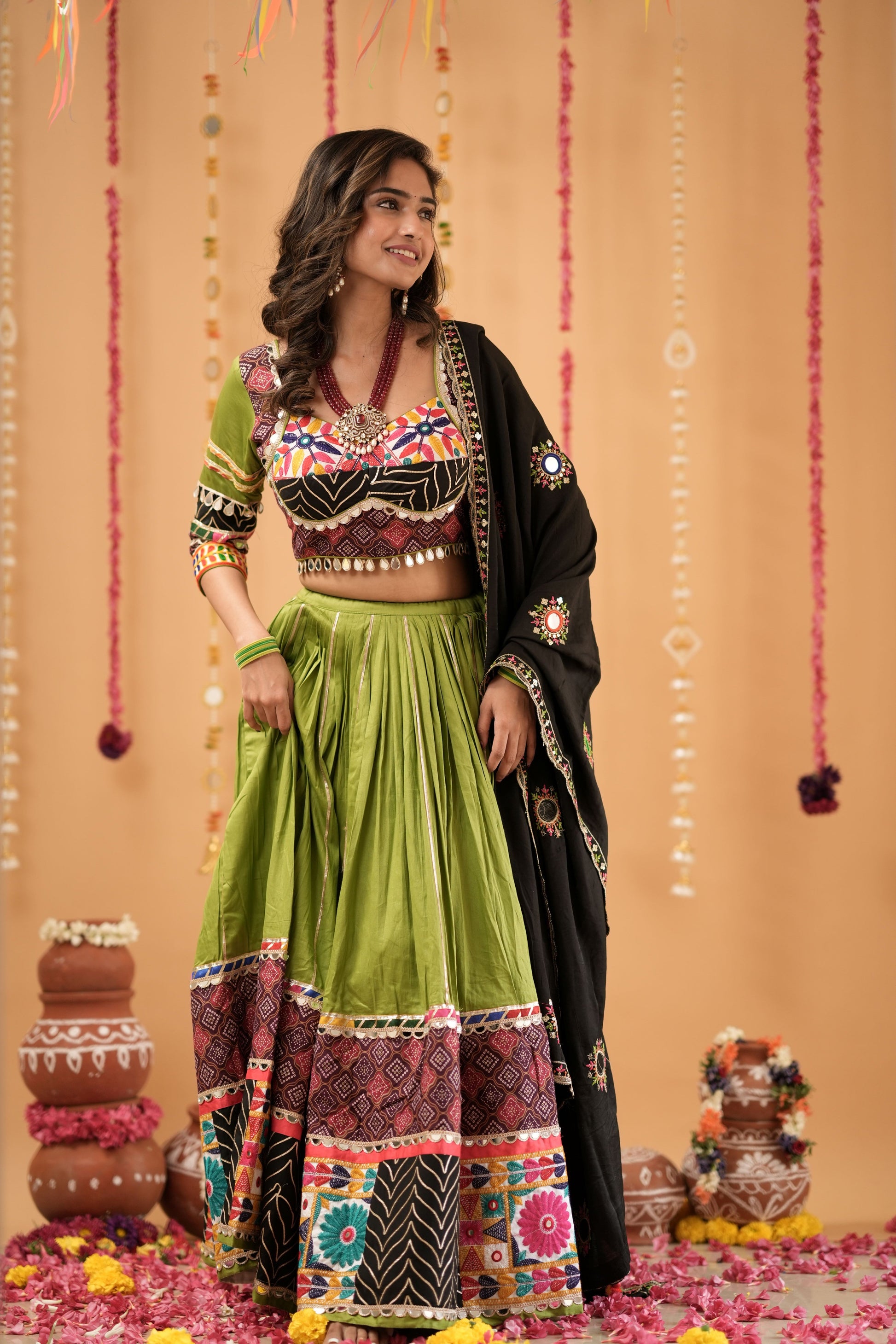Green Navratri Lehenga with Multicolor Patchwork Border