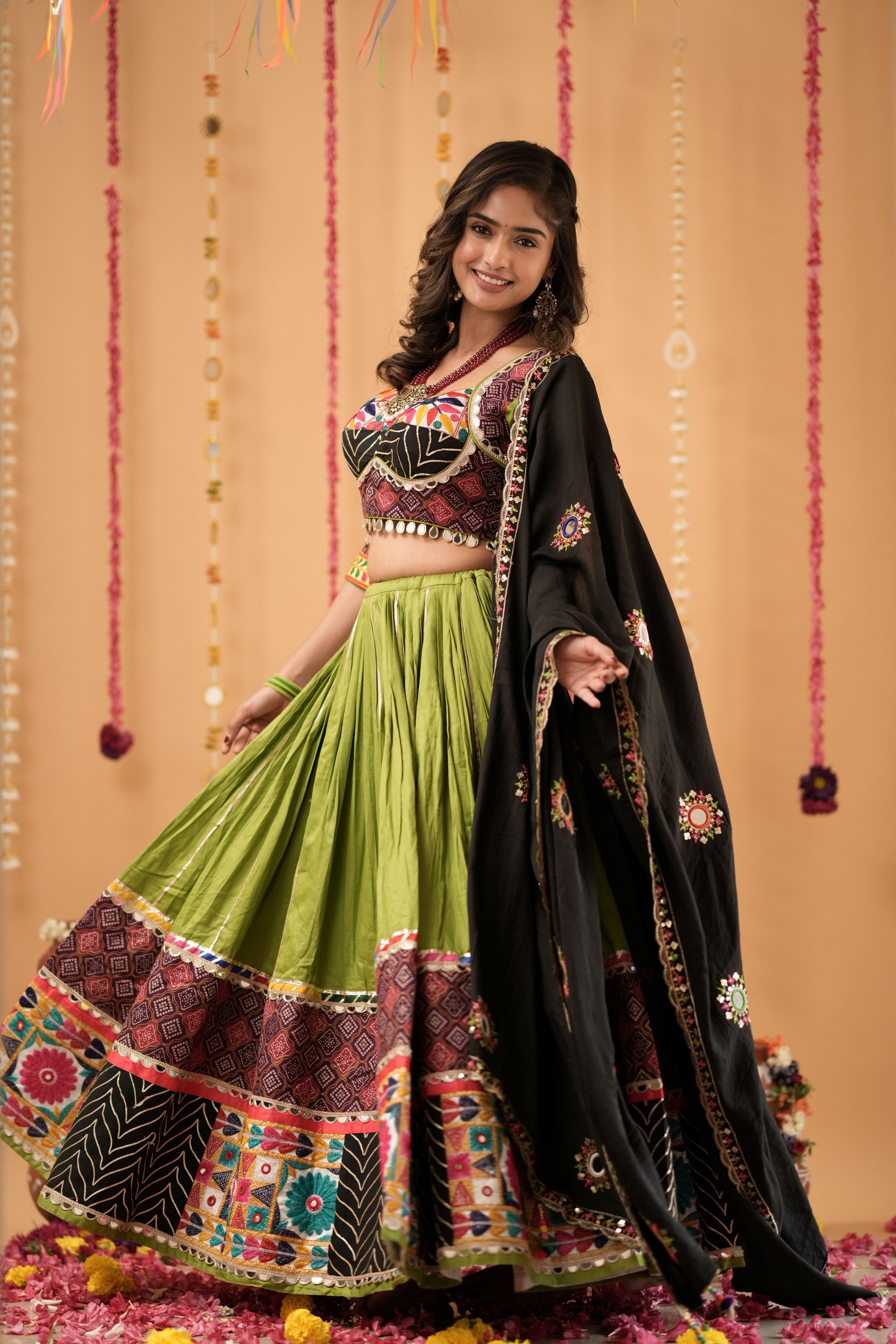 Green Navratri Lehenga with Multicolor Patchwork Border