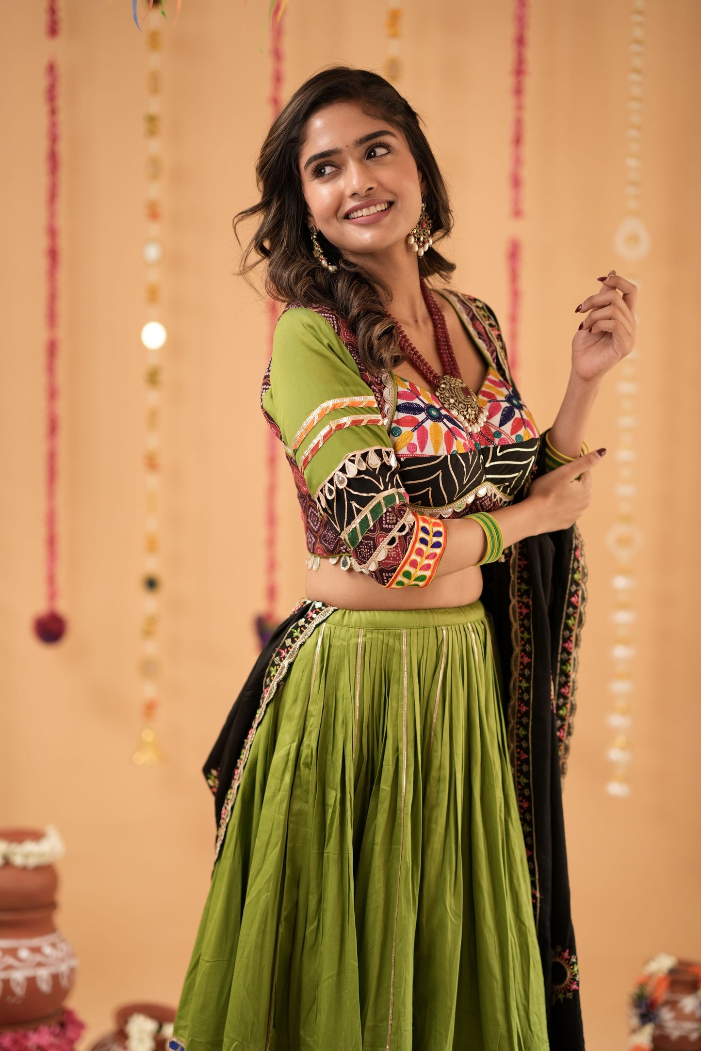 Green Navratri Lehenga with Multicolor Patchwork Border