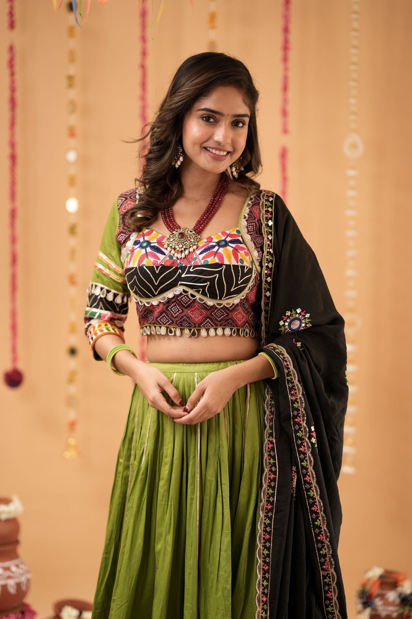 Green Navratri Lehenga with Multicolor Patchwork Border