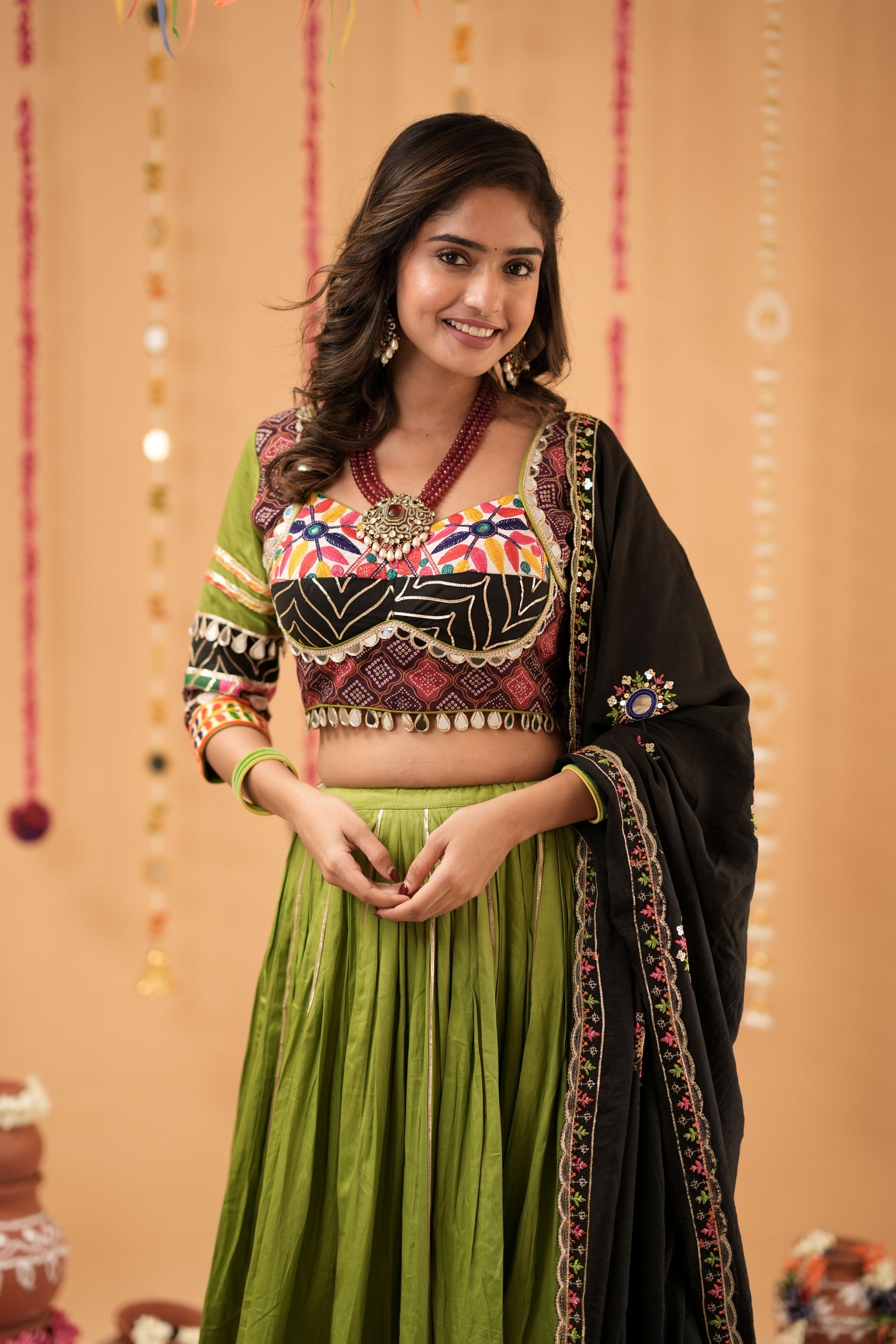 Green Navratri Lehenga with Multicolor Patchwork Border
