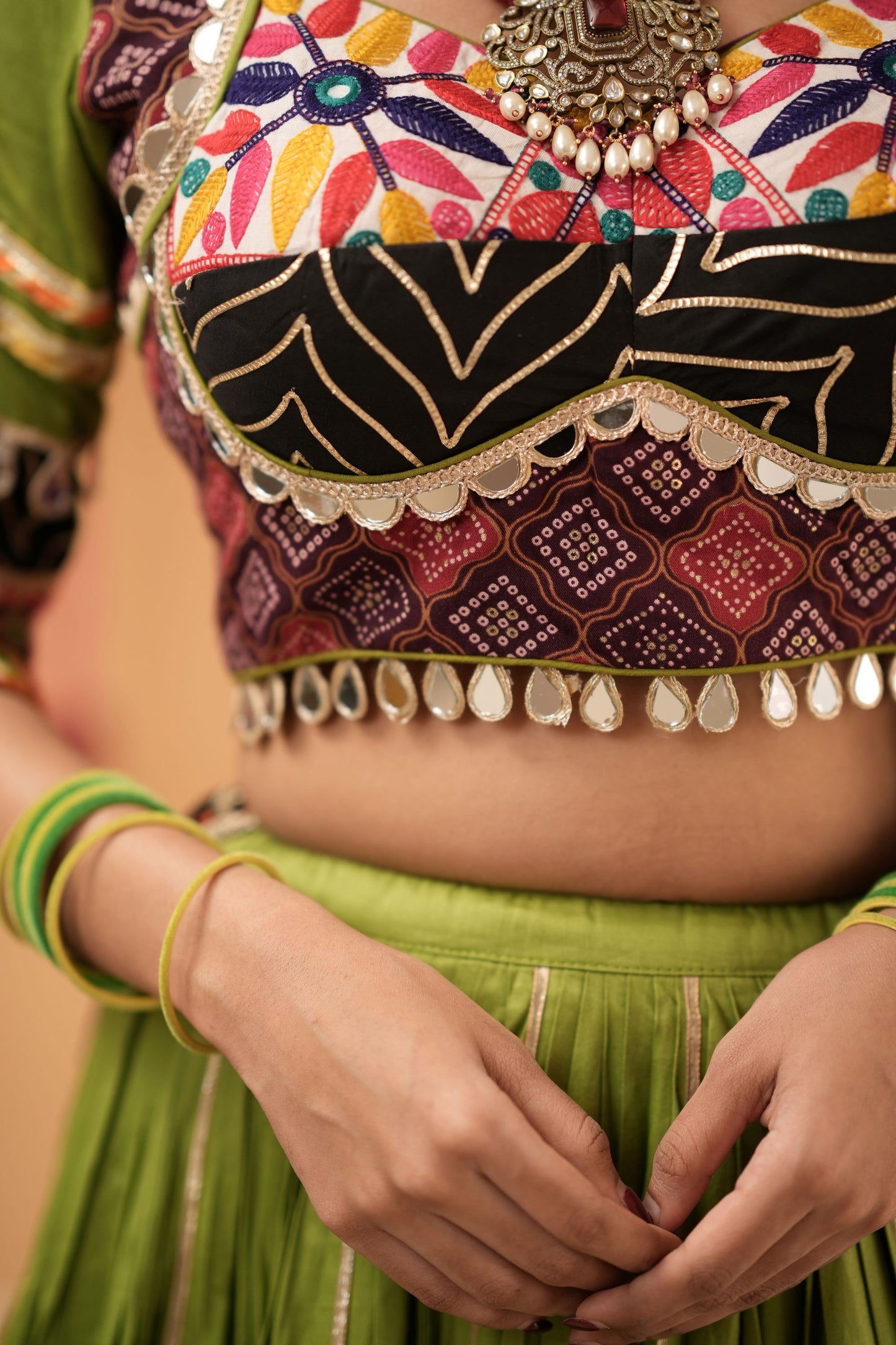 Green Navratri Lehenga with Multicolor Patchwork Border