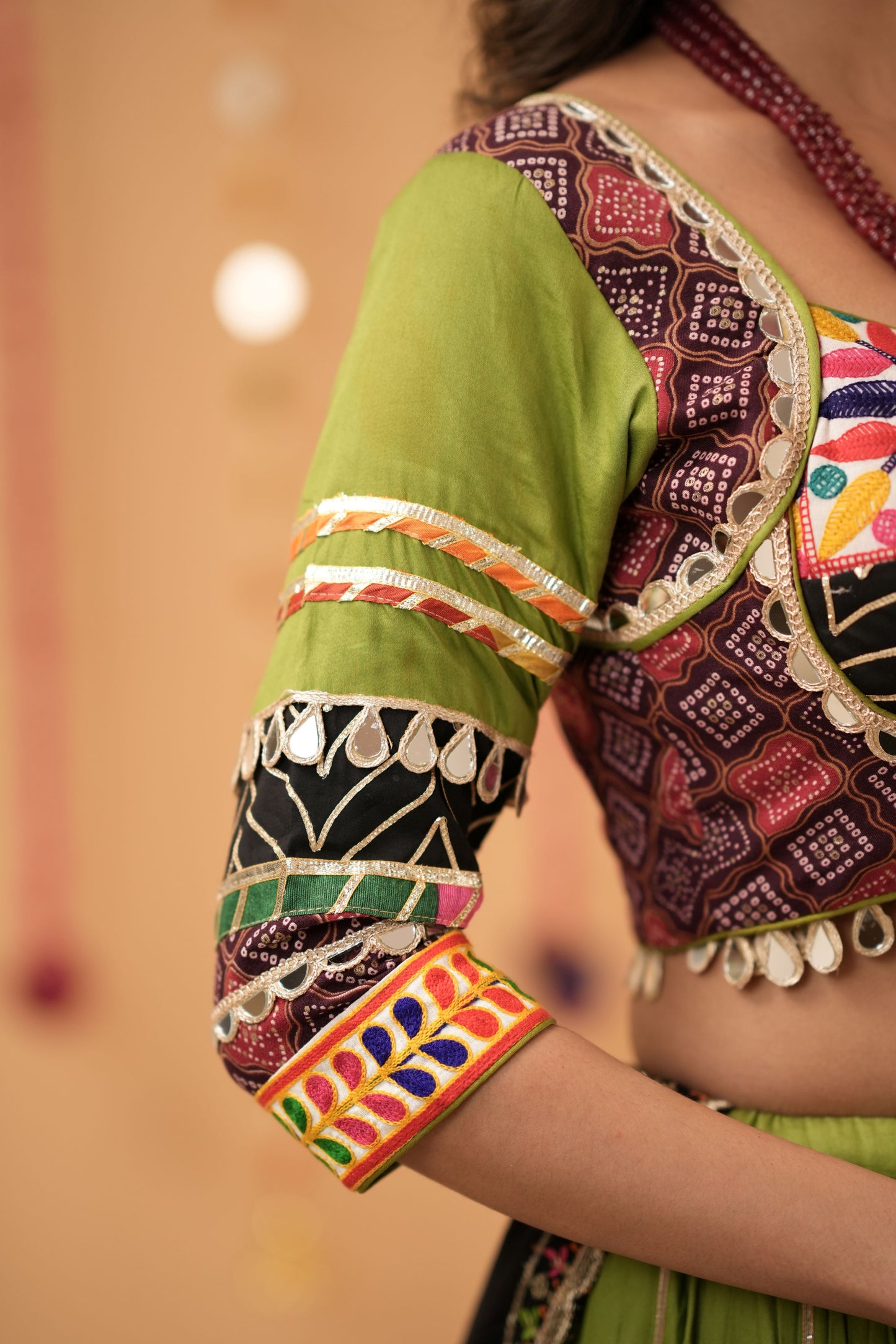 Green Navratri Lehenga with Multicolor Patchwork Border
