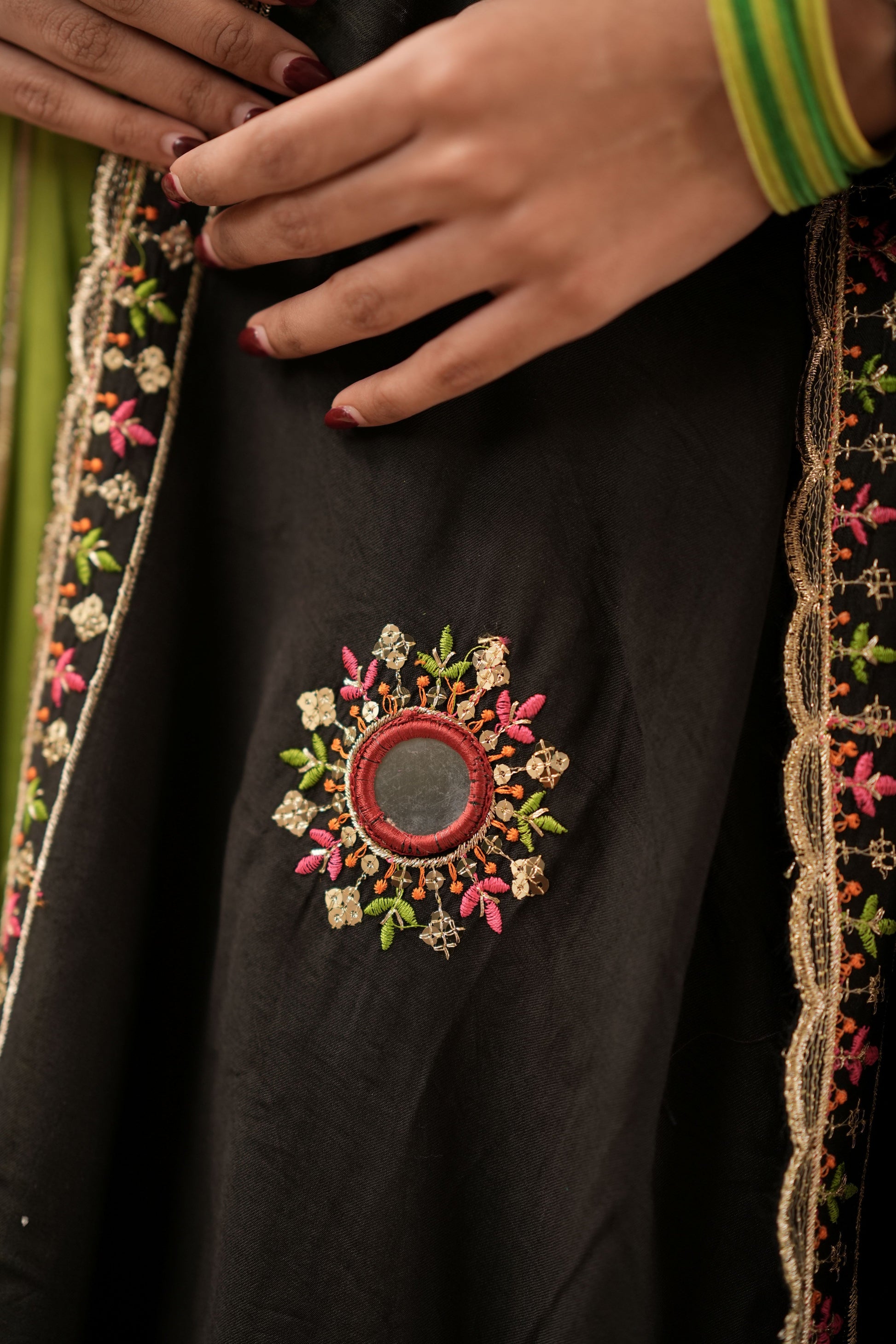 Green Navratri Lehenga with Multicolor Patchwork Border