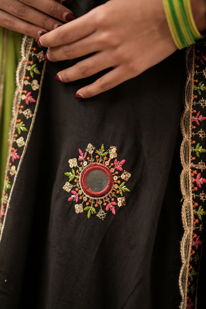 Green Navratri Lehenga with Multicolor Patchwork Border
