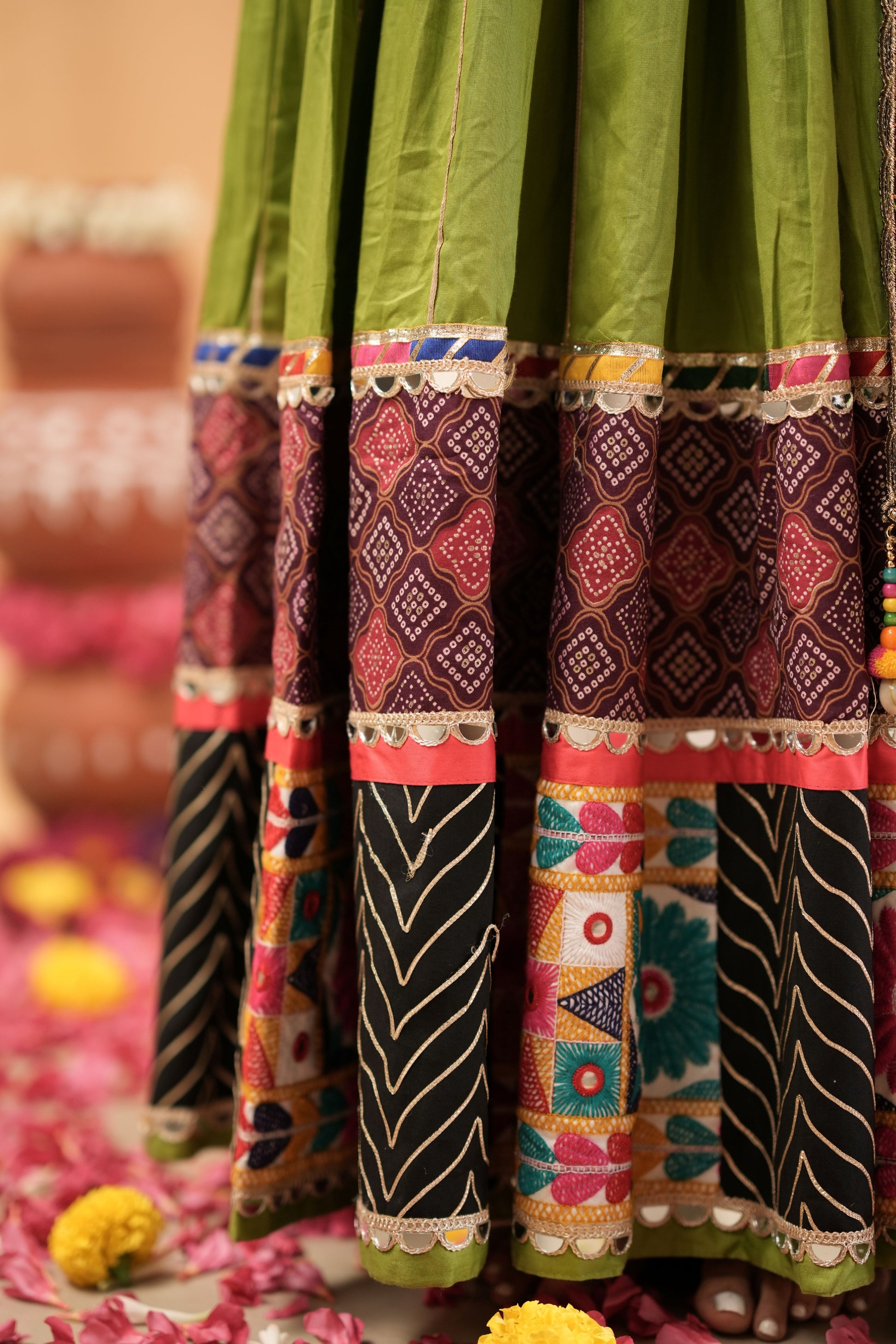 Green Navratri Lehenga with Multicolor Patchwork Border