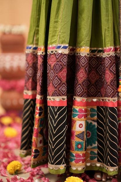 Green Navratri Lehenga with Multicolor Patchwork Border
