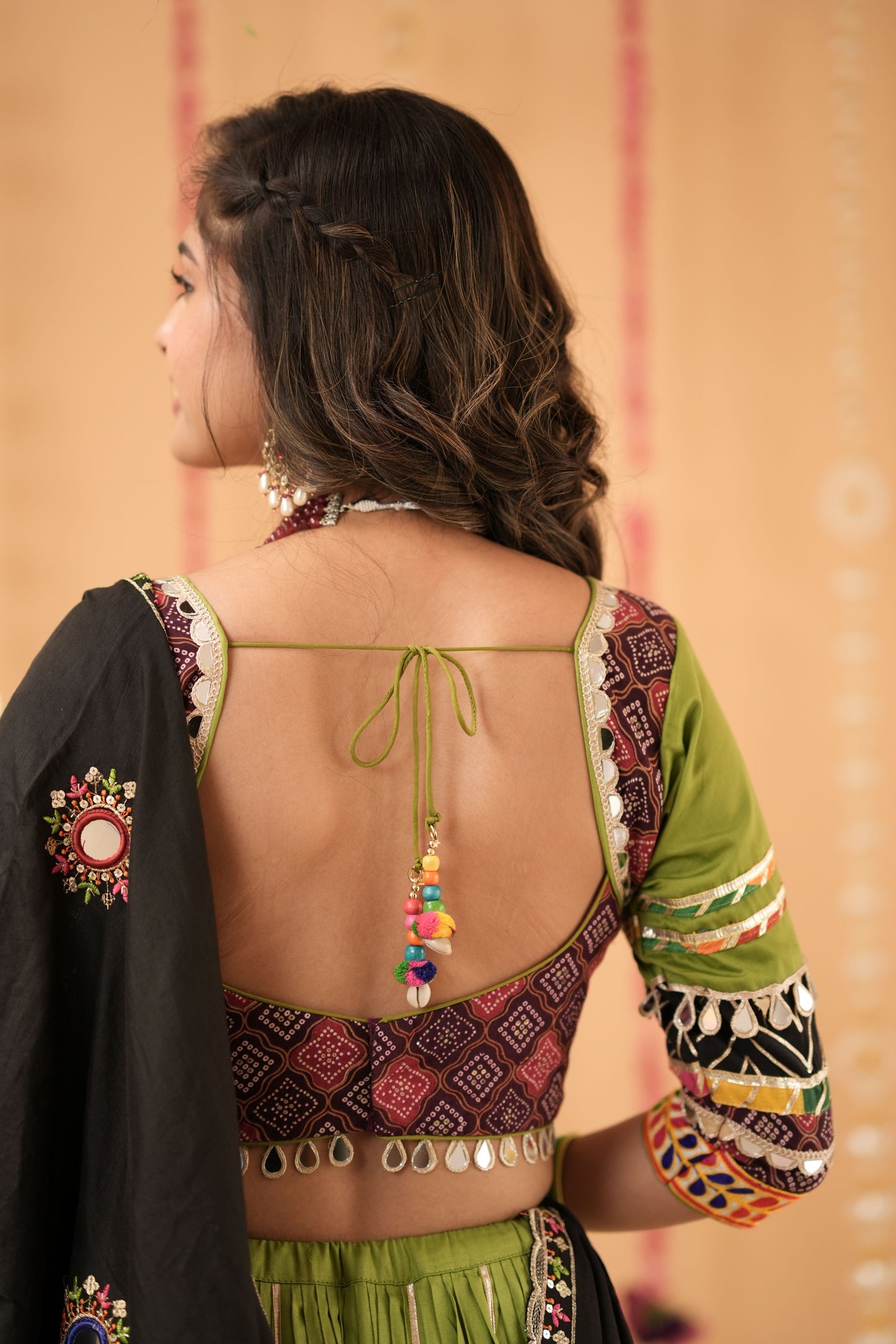 Green Navratri Lehenga with Multicolor Patchwork Border