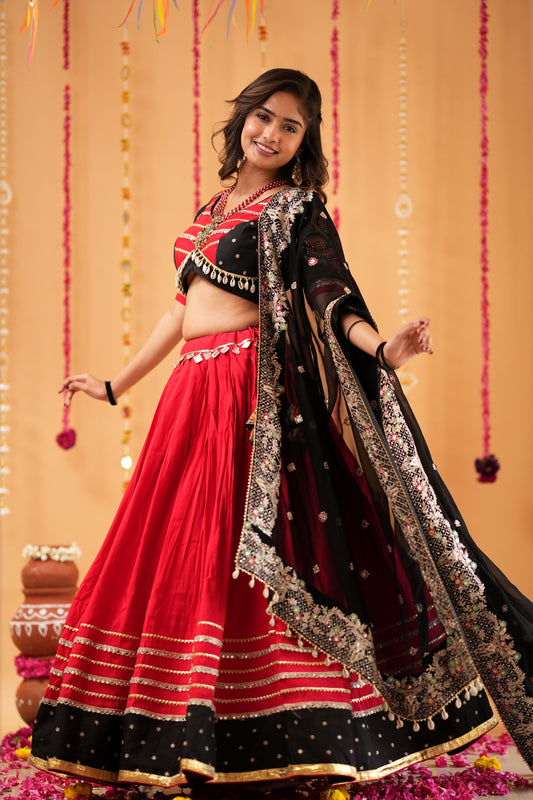 Red & Black Navratri Lehenga with Mirror Blouse