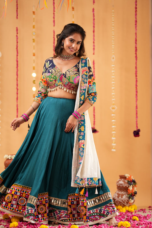 Teal Lehenga with Multicolor Embroidered Blouse