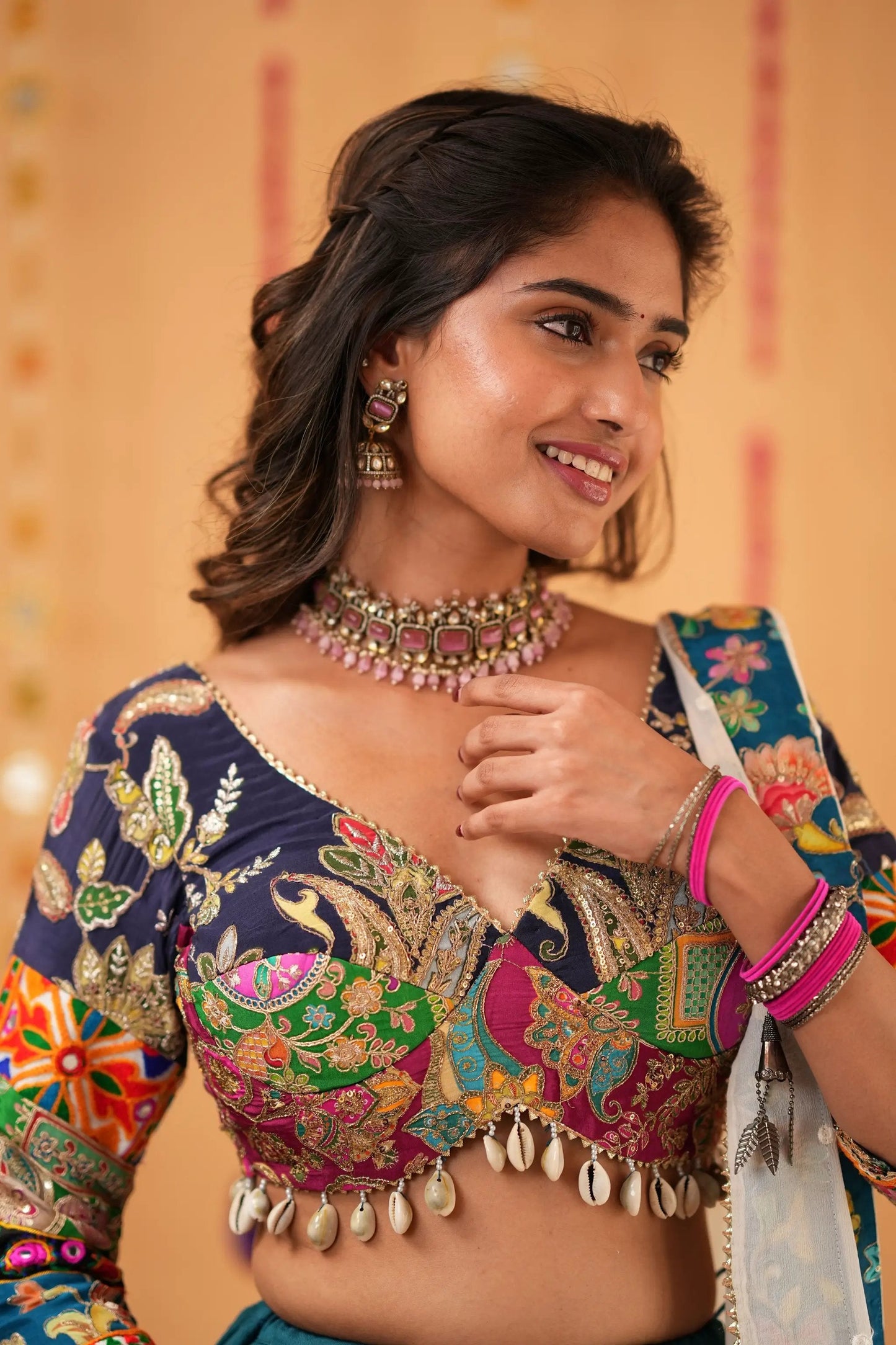 Teal Lehenga with Multicolor Embroidered Blouse