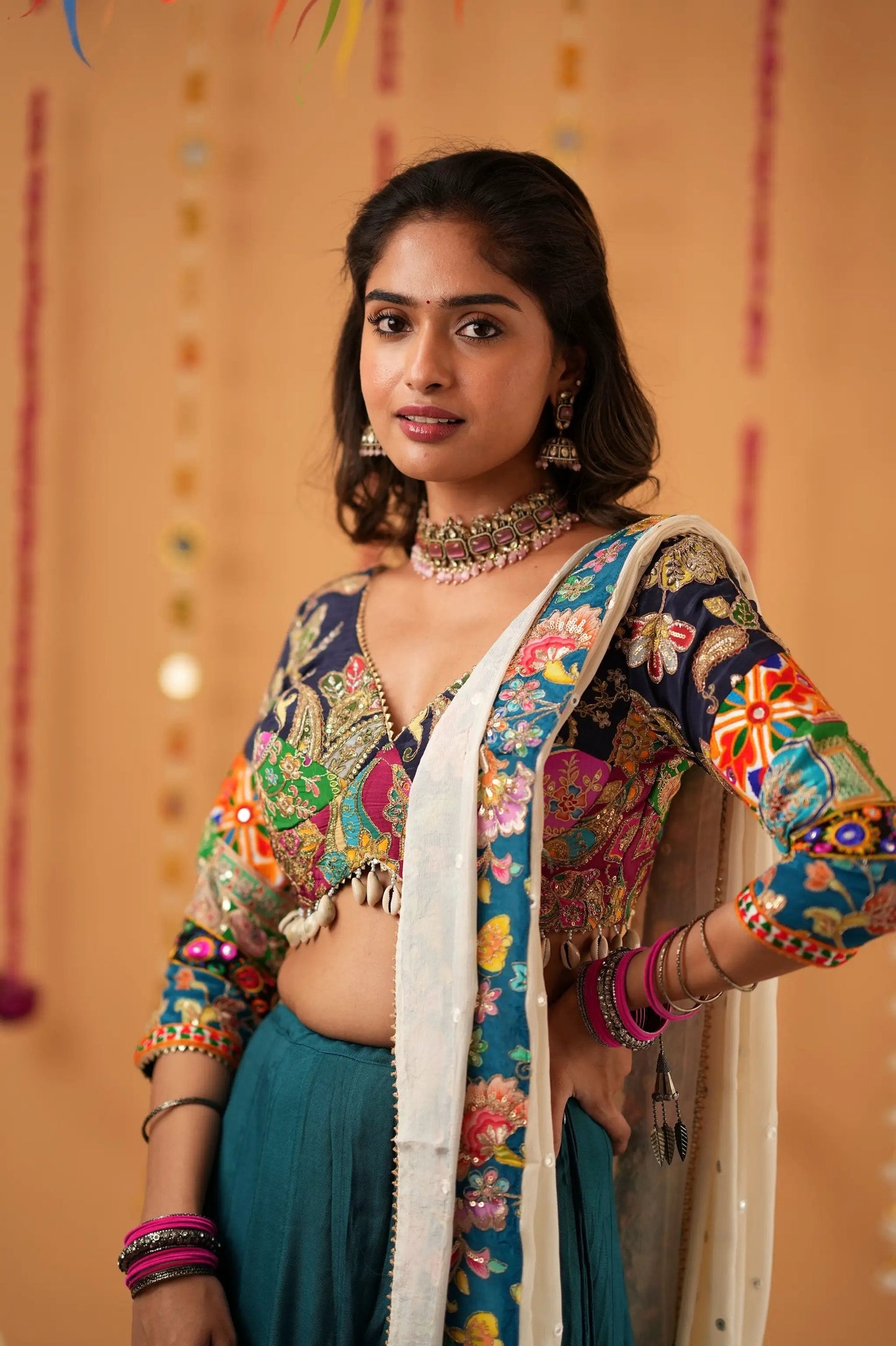 Teal Lehenga with Multicolor Embroidered Blouse