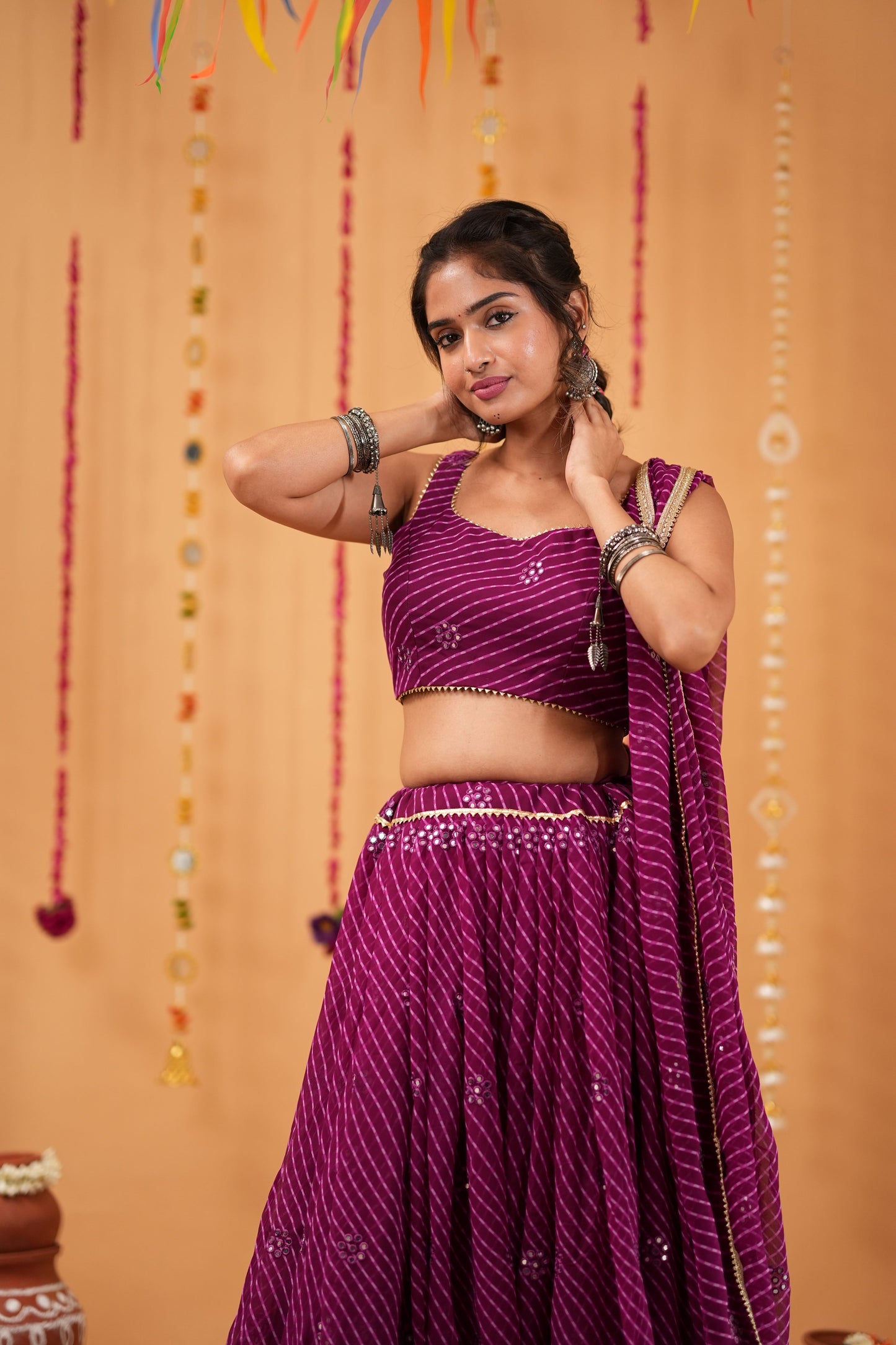 Wine Striped Mirror Work Lehenga Set