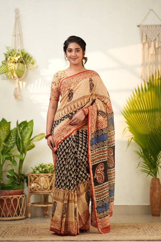 Beige and Black Pure Chanderi Silk Cotton Saree with Traditional Prints Beige One size