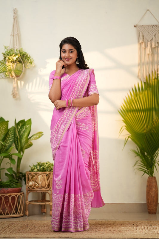 Pink Pure Chanderi Silk Cotton Saree with Elegant Floral Border Pink One size