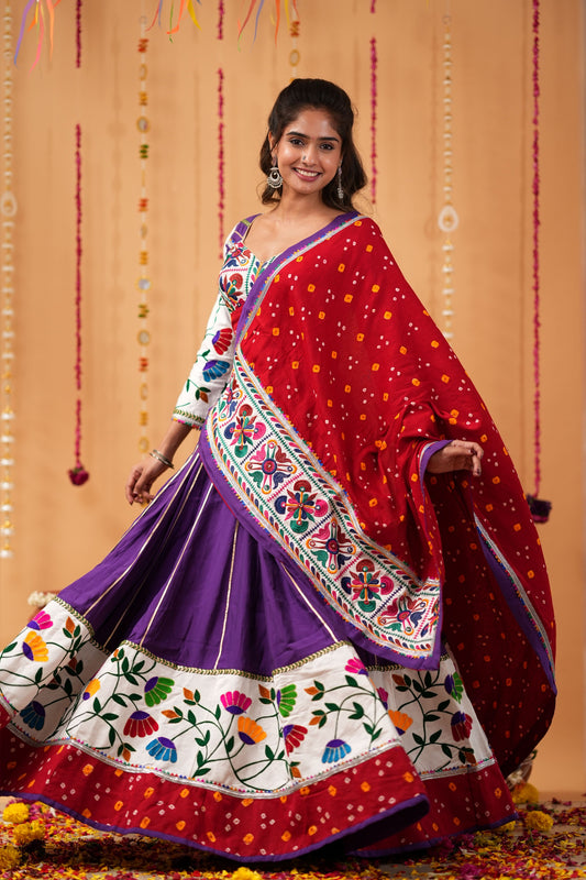 Purple Lehenga with Red Bandhej Dupatta & Embroidered Blouse