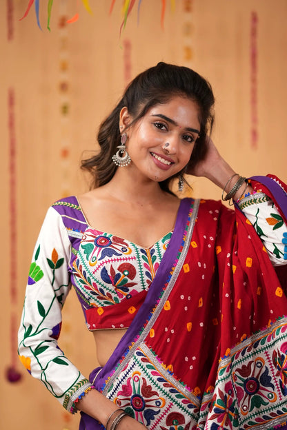 Purple Lehenga with Red Bandhej Dupatta & Embroidered Blouse