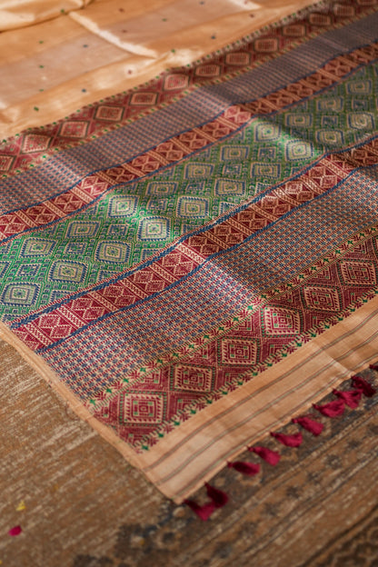 Assam Handloom Pure Tussar Silk Saree – Temple Border Weave in Festive Ivory and Multicolor Pallu