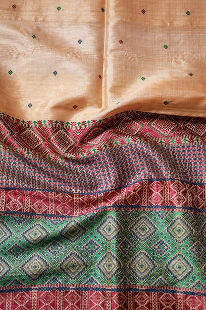 Assam Handloom Pure Tussar Silk Saree – Temple Border Weave in Festive Ivory and Multicolor Pallu