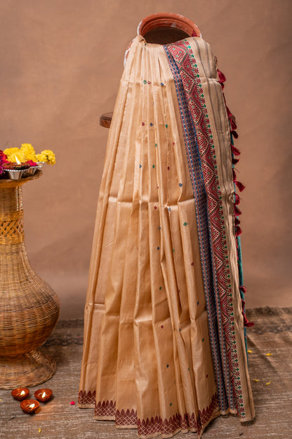 Assam Handloom Pure Tussar Silk Saree – Temple Border Weave in Festive Ivory and Multicolor Pallu Multicolor One size