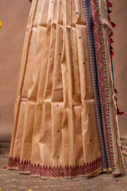 Assam Handloom Pure Tussar Silk Saree – Temple Border Weave in Festive Ivory and Multicolor Pallu