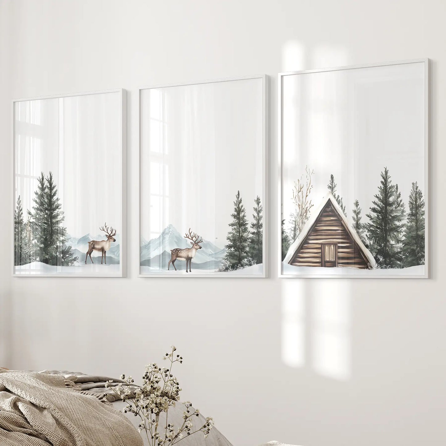 Rustic Cabin, Snowy Forest Prints. 3 Piece Winter Wall Art White Frame - no mat