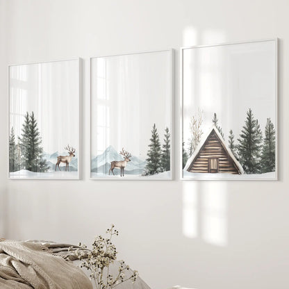 Rustic Cabin, Snowy Forest Prints. 3 Piece Winter Wall Art White Frame - no mat