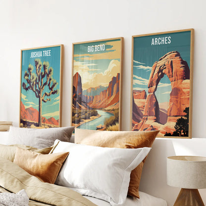 3 Piece USA National Park Art. Big Bend, Arches, Joshua Tree Thin Wood Frame - no mat