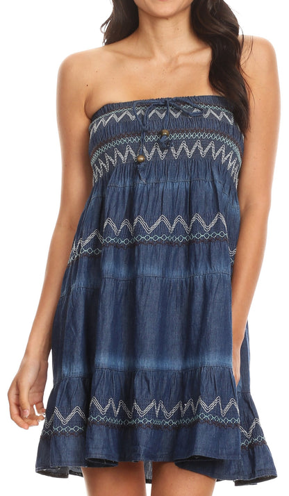 Sakkas Eva Womens Denim Strapless Tube Top Smock Short Sleeveless Dress Chambray One Size Chambray-Multi