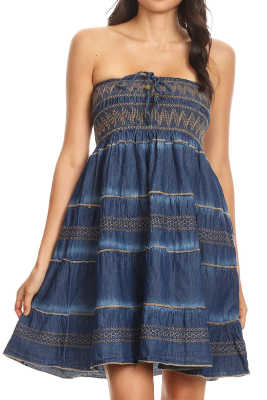Sakkas Eva Womens Denim Strapless Tube Top Smock Short Sleeveless Dress Chambray One Size Chambray-Brown