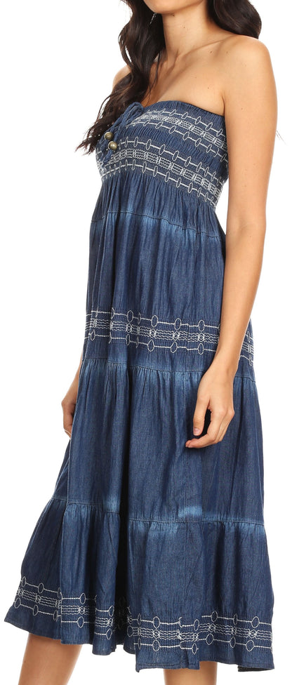 Sakkas Eva Womens Denim Strapless Tube Top Smock Short Sleeveless Dress Chambray
