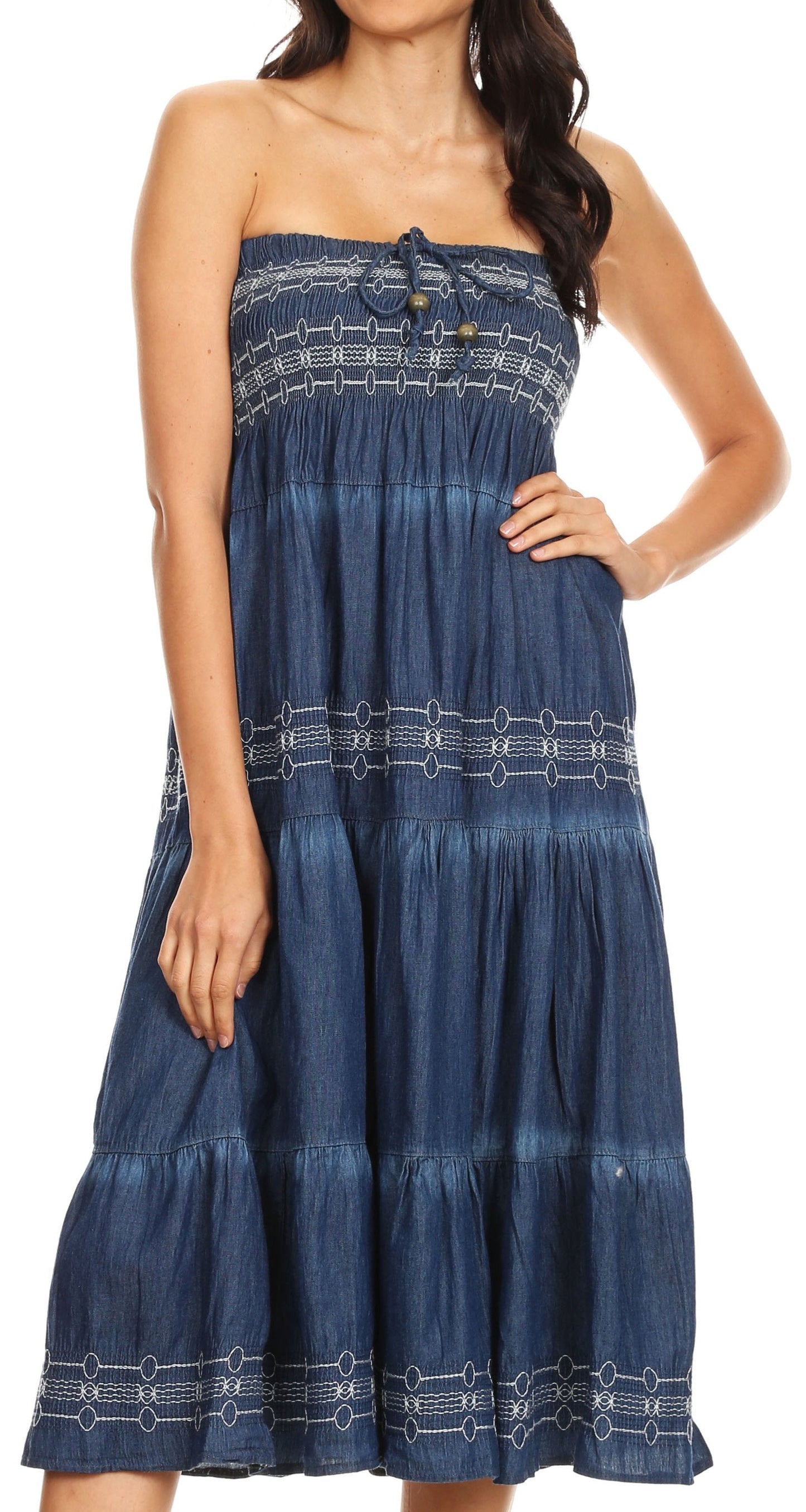 Sakkas Eva Womens Denim Strapless Tube Top Smock Short Sleeveless Dress Chambray One Size Chambray-White