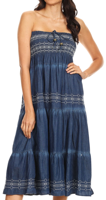 Sakkas Eva Womens Denim Strapless Tube Top Smock Short Sleeveless Dress Chambray One Size Chambray-White