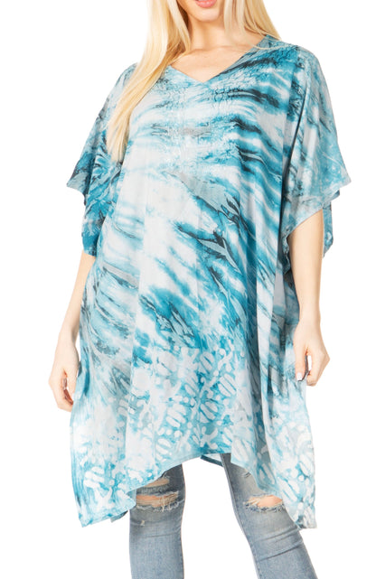 Sakkas Marcy Women's V-neck Caftan Top Tunic Dress - Perfect for Summer Boho Style & Swinging Coverup 1036-Teal