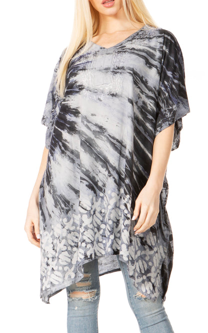 Sakkas Marcy Women's V-neck Caftan Top Tunic Dress - Perfect for Summer Boho Style & Swinging Coverup 1036-Blue