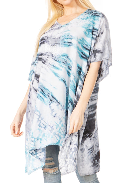Sakkas Marcy Women's V-neck Caftan Top Tunic Dress - Perfect for Summer Boho Style & Swinging Coverup 1036-Turquoise