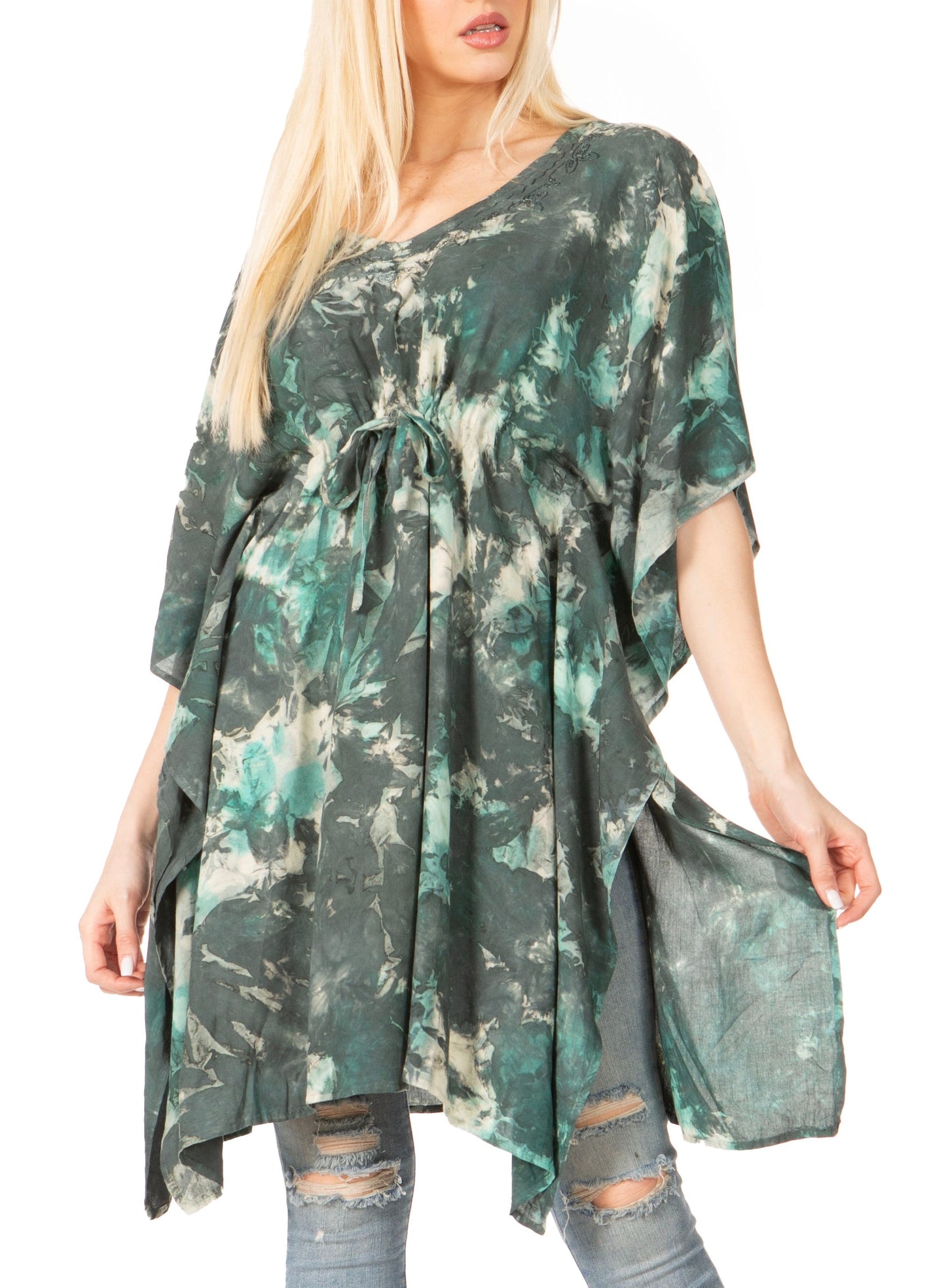 Sakkas Marcy Women's V-neck Caftan Top Tunic Dress - Perfect for Summer Boho Style & Swinging Coverup 1038-Green