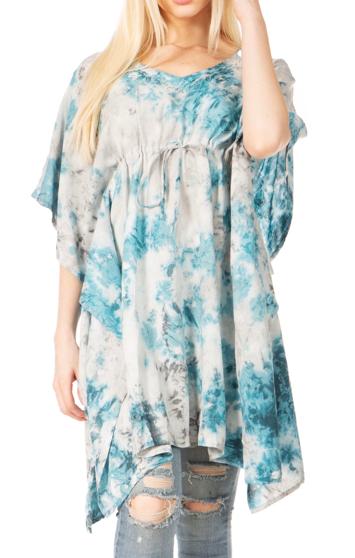 Sakkas Marcy Women's V-neck Caftan Top Tunic Dress - Perfect for Summer Boho Style & Swinging Coverup 1038-Turquoise