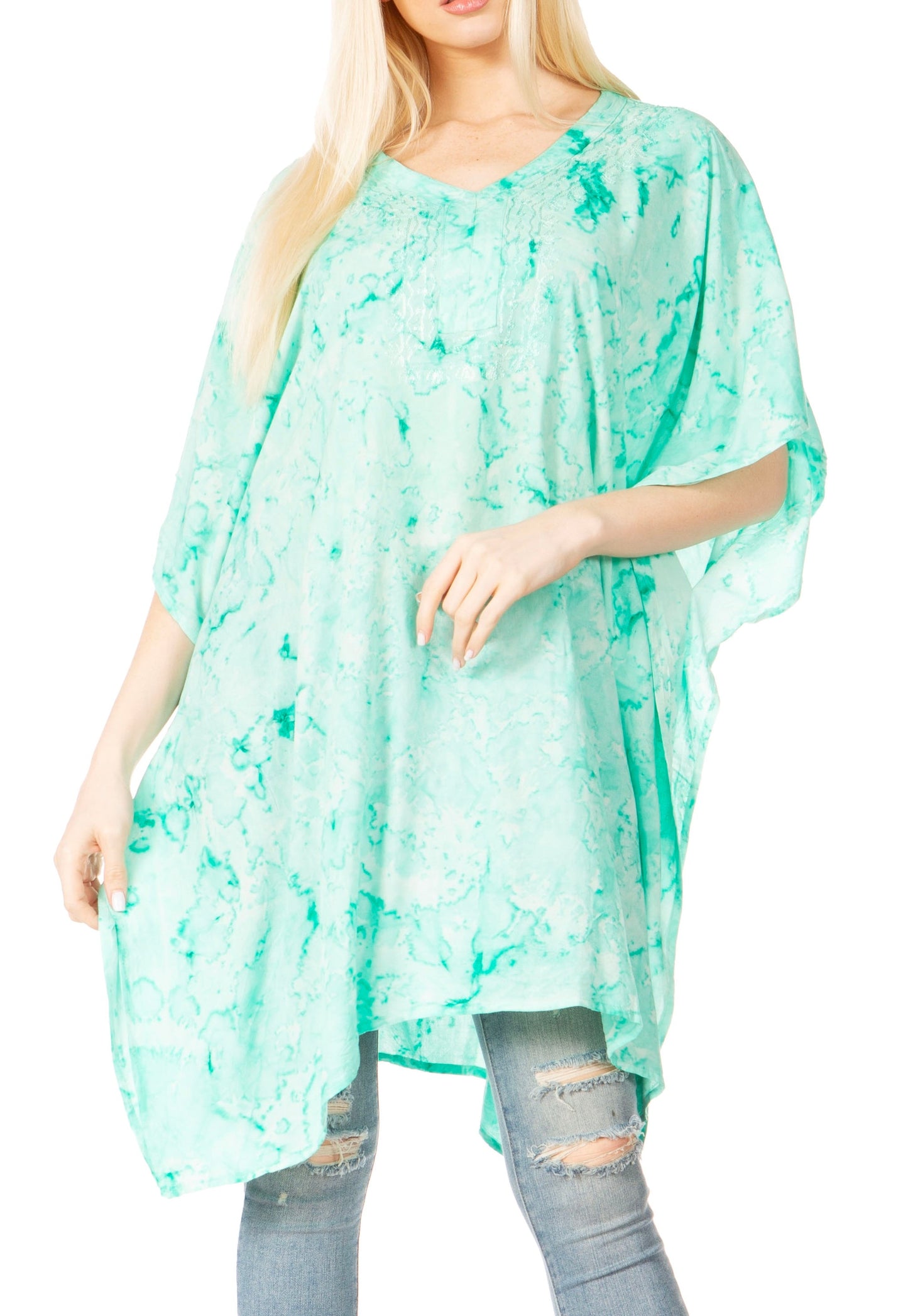 Sakkas Marcy Women's V-neck Caftan Top Tunic Dress - Perfect for Summer Boho Style & Swinging Coverup SeaGreen