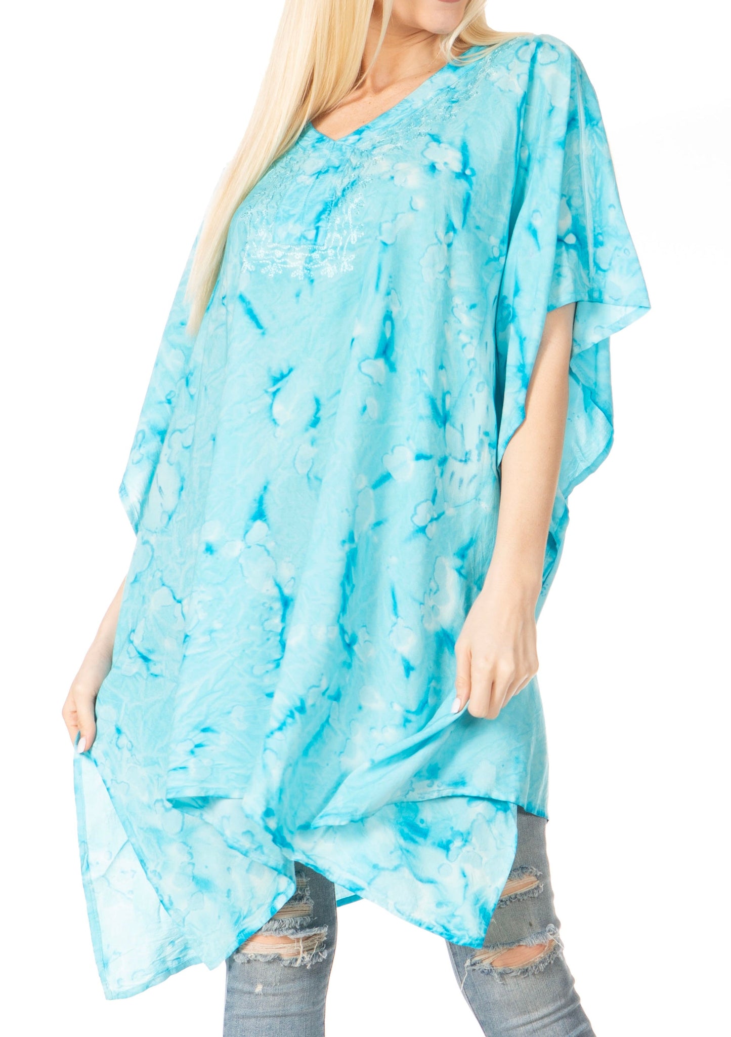 Sakkas Marcy Women's V-neck Caftan Top Tunic Dress - Perfect for Summer Boho Style & Swinging Coverup Turquoise