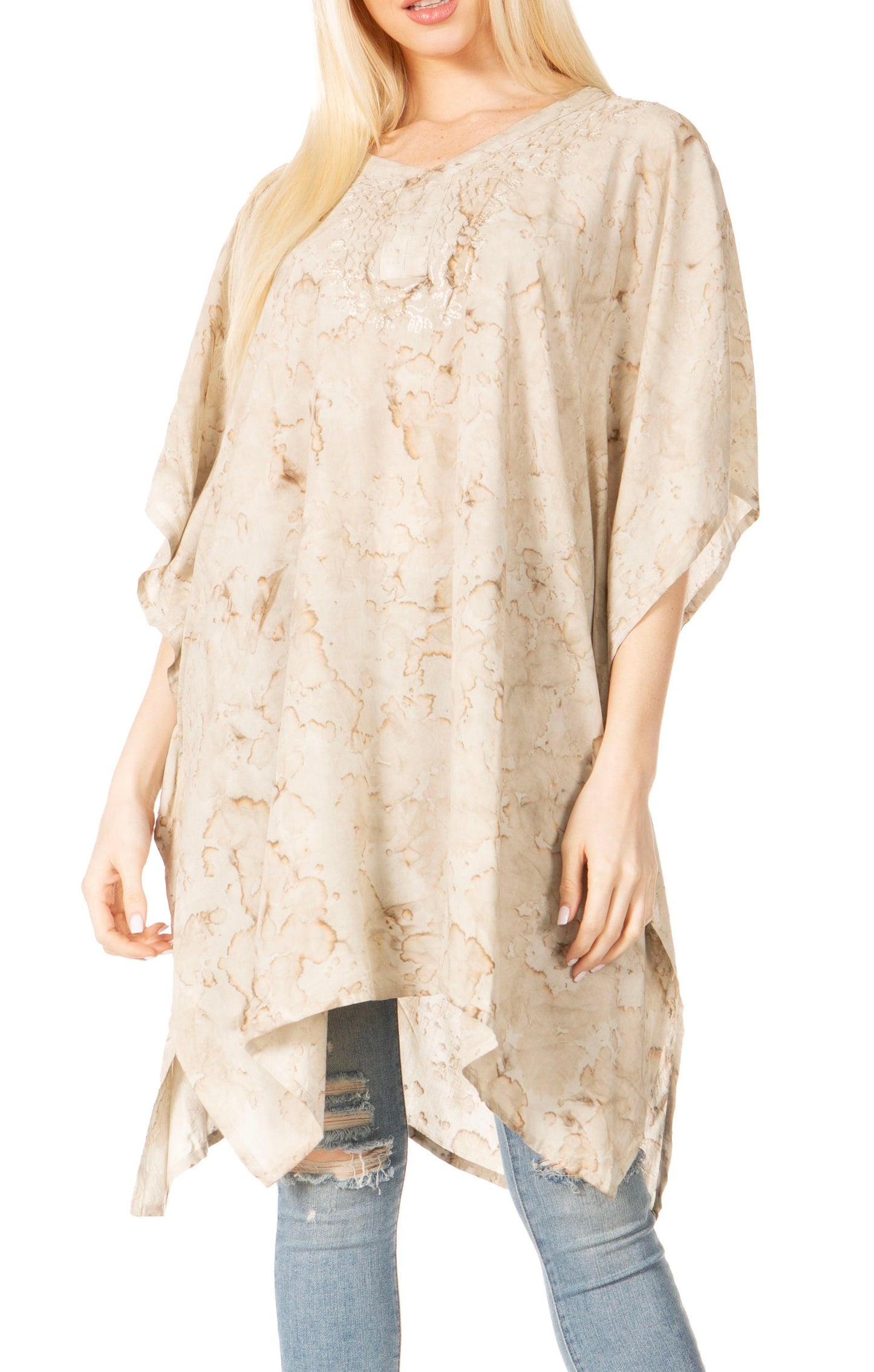Sakkas Marcy Women's V-neck Caftan Top Tunic Dress - Perfect for Summer Boho Style & Swinging Coverup Beige
