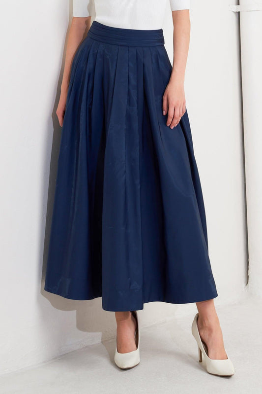 LUXE FLARE WOVEN PLEATED MIDI SKIRT