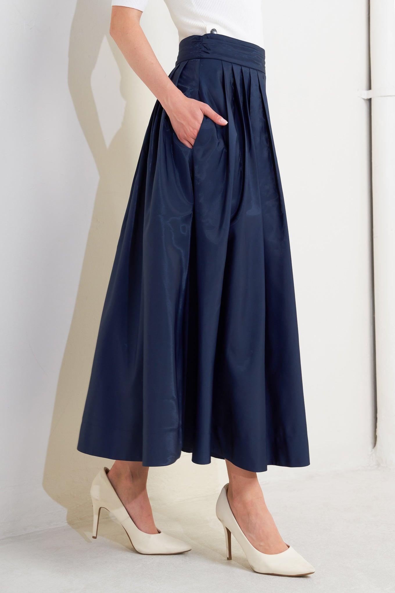 LUXE FLARE WOVEN PLEATED MIDI SKIRT