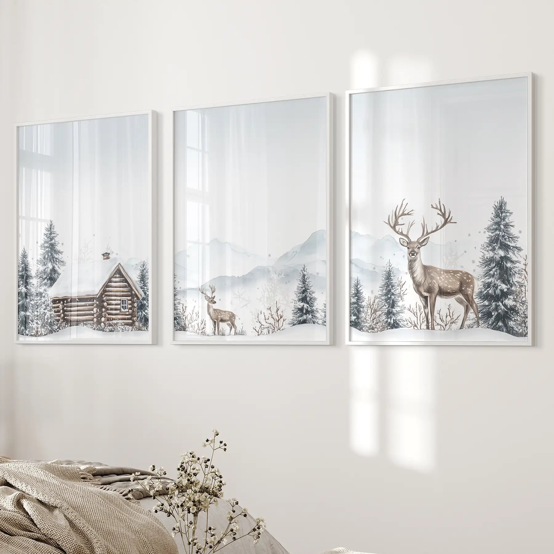 Snowy Deer Wall Art Set of 3. Winter Woodland Prints White Frame - no mat