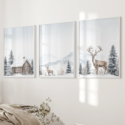 Snowy Deer Wall Art Set of 3. Winter Woodland Prints White Frame - no mat
