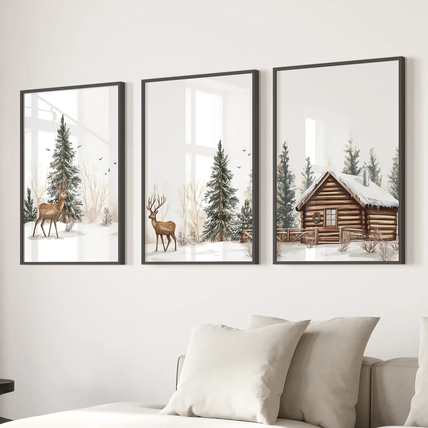 Deer and Cabin Winter 3 Piece Wall Art. Rustic Nordic Prints Black Frame - no mat
