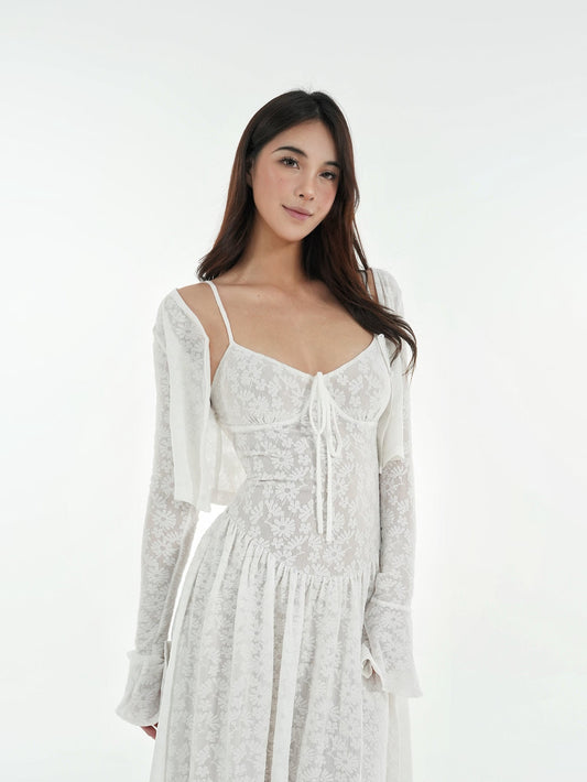 Lace Stretch Jacquard Sling Dress Cardigan Set White